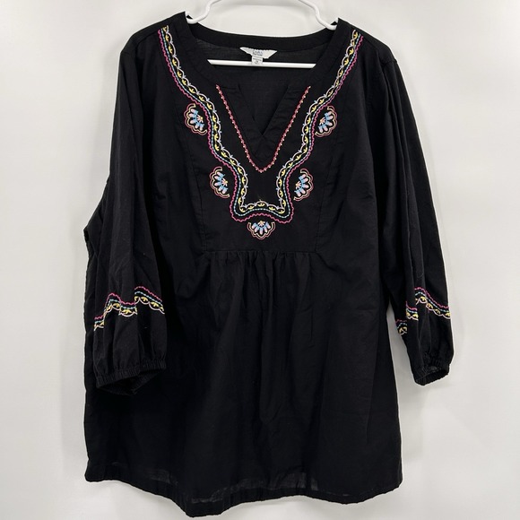 Croft & Barrow Womens Embroidered 3/4‎ Sleeve Top Size 2X Black Boho Artsy - Picture 1 of 6